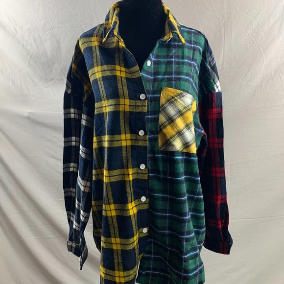 Boyfriend Cotton Color Block Plaid Button Down Shirt - Picture 6 of 6